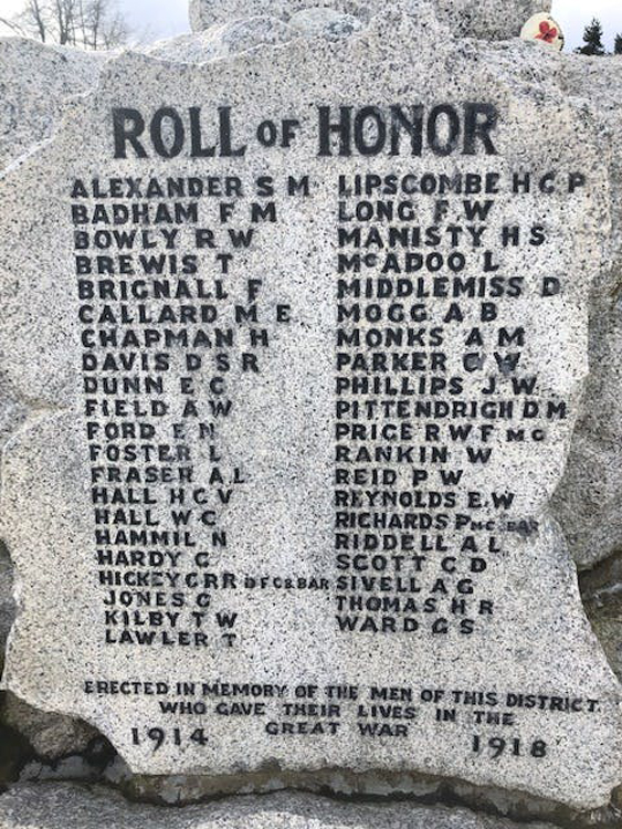 First World War Commemorations (1) on the Parksville, BC, War Memorial