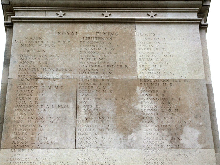 The commemoration on the Arras Flying Services Memorial which includes the name of Lieutenant Kemp