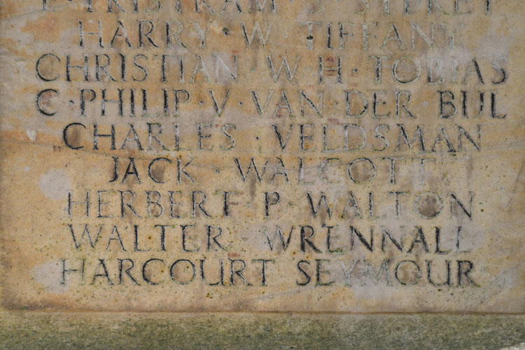 Lieutenant 
    Walton's Name on the War Memorial in St. Paul's Churchyard, Rondebosch (Cape Town)