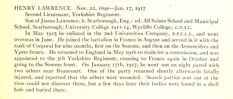 Extract from the University Roll of Service on which Henry Lawrence is Commemorated